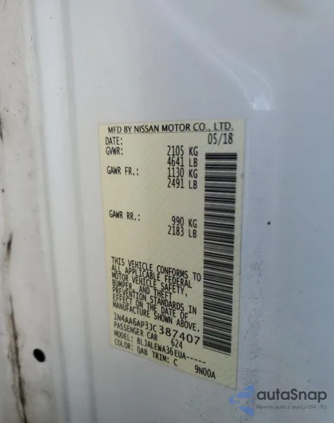 2018 Nissan Maxima 3.5S z USA, uszkodzony, nr VIN 1N4AA6AP3JC387407